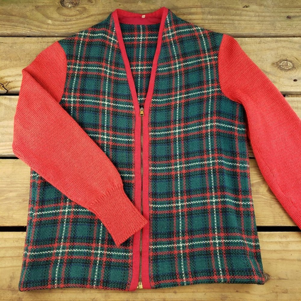 Womens Vintage Christmas Plaid V Neck Zip Up Sweater Red Green Size Small